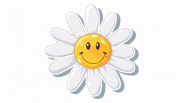 recommend clip art: Adorable daisy blossom with smiling emoticon. Vintage funky cartoon figure with joyful face. 2000s design decal. Simple artwork on plain backdrop.