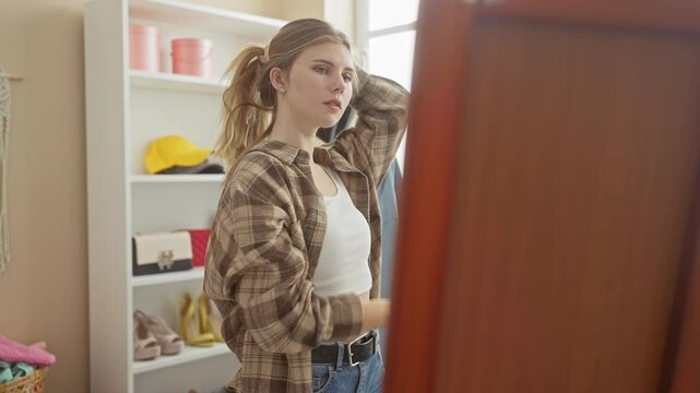 Caucasian woman styling hair in mirror at clothing room