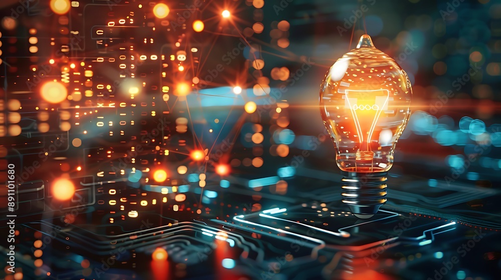 Poster glowing light bulb with connection network circuit board for digital innovation technology concept i