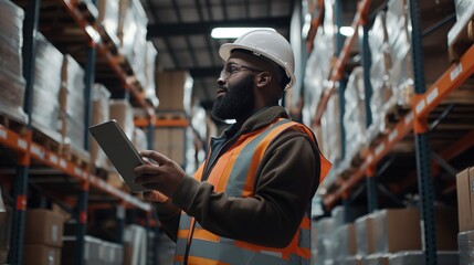 Warehouse worker using a tablet to manage inventory, ensuring efficiency in logistics. Safety gear such as hard hat is essential in this industrial setting for stock control and distribution