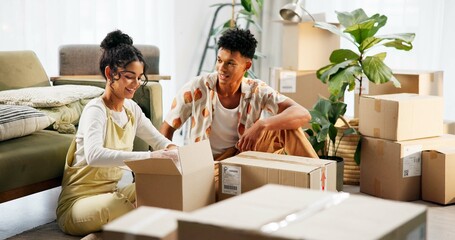 Couple, people and new home or unpacking boxes, love and relationship for property investment....