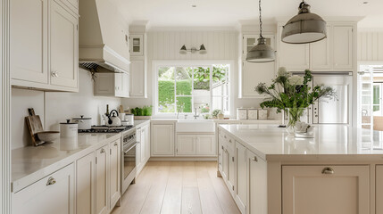 Fototapeta premium Modern country style kitchen The entire room is decorated in white.