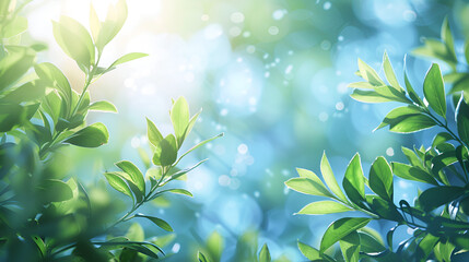 Obraz premium Summer background of blue and green, blurred foilage and sky with bright bokeh. Blurry abstract summer background. Natural green leaves using as cover page greenery environment ecology back