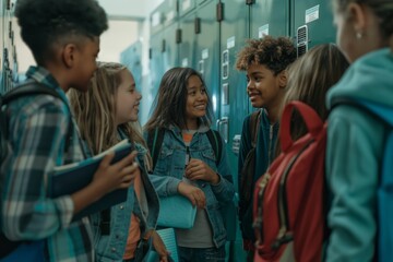A diverse group of students is happily socializing near school lockers, forming friendships in a positive and inclusive school environment filled with laughter, camaraderie, and joy