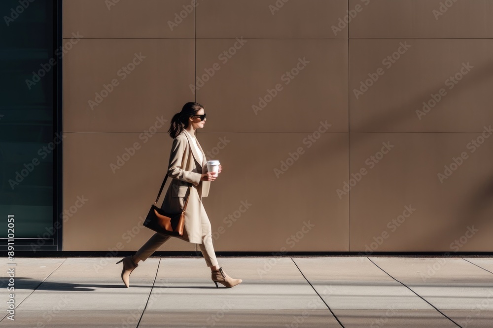 Poster woman walking footwear handbag adult.