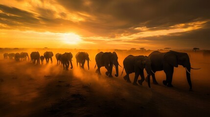 Obraz premium A herd of elephants walking across a dusty plain at sunset