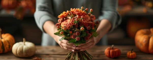Fototapeta premium Close up of hands holding a fall bouquet with pumpkins in the background.