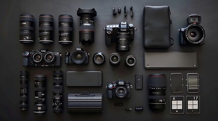 Flat lay composition Set of cameras Video Photography Equipment on Wooden Table for Professional Photographer Accessories Concept.