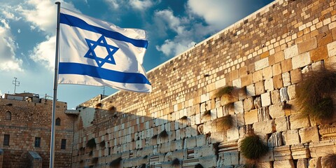 Fototapeta premium The banner of Israel waving near the Western wall in Jerusalem.