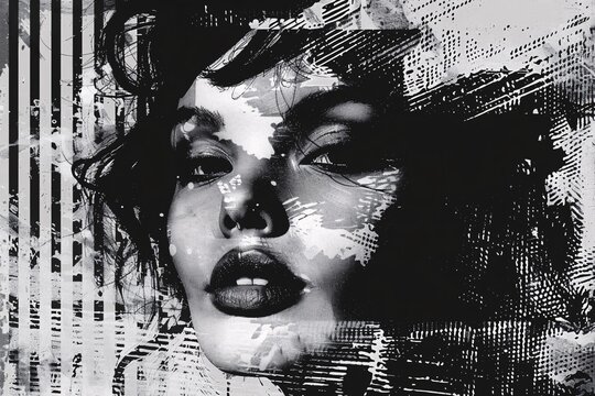 Retro woman portrait in black and white photo effect for edgy punk y2k collage design with vintage elements.