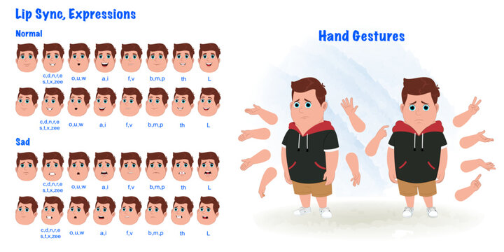 Set of fat boy character design .Cartoon character model sheet. Cartoon character creation set with sad face expression and all hand gesture. Front sad standing pose and 1/3 standing pose. 
