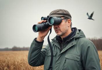  Birdwatcher with binoculars observing a rare bird. 