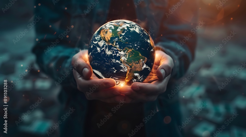 Poster hand holding earth global connection network for concept of data exchange or global communication ne