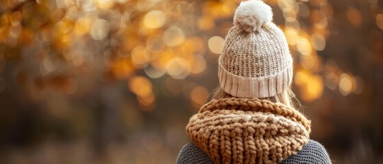 Woman in knit hat and scarf looking at autumn foliage.