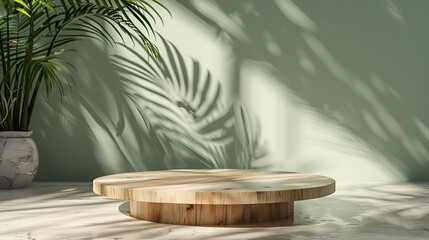 3D wooden podium display with leaf shadow. Copy space green background. Cosmetics or beauty product promotion mockup. Natural wood step pedestal. Trendy minimalist, art deco 3D render ill 