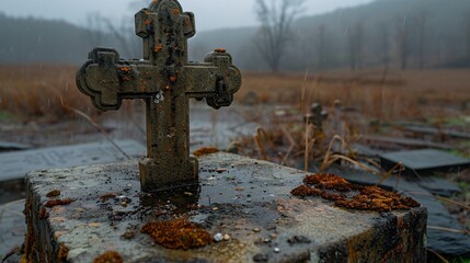Traditional religious symbol on a burial ground in a small Czech town, featuring an aged concrete crucifix.