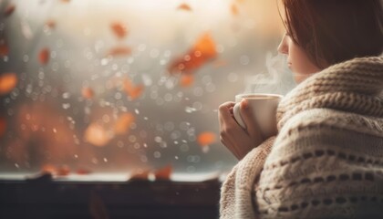 Woman wrapped in a blanket, looking out the window at falling leaves with a cup of coffee in her hand.