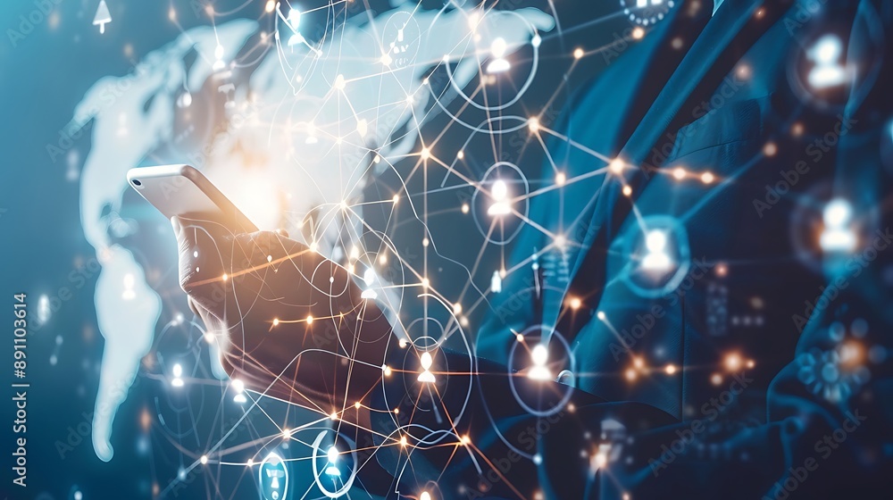 Poster global network connection big data analytics business concept world map point digital technology soc