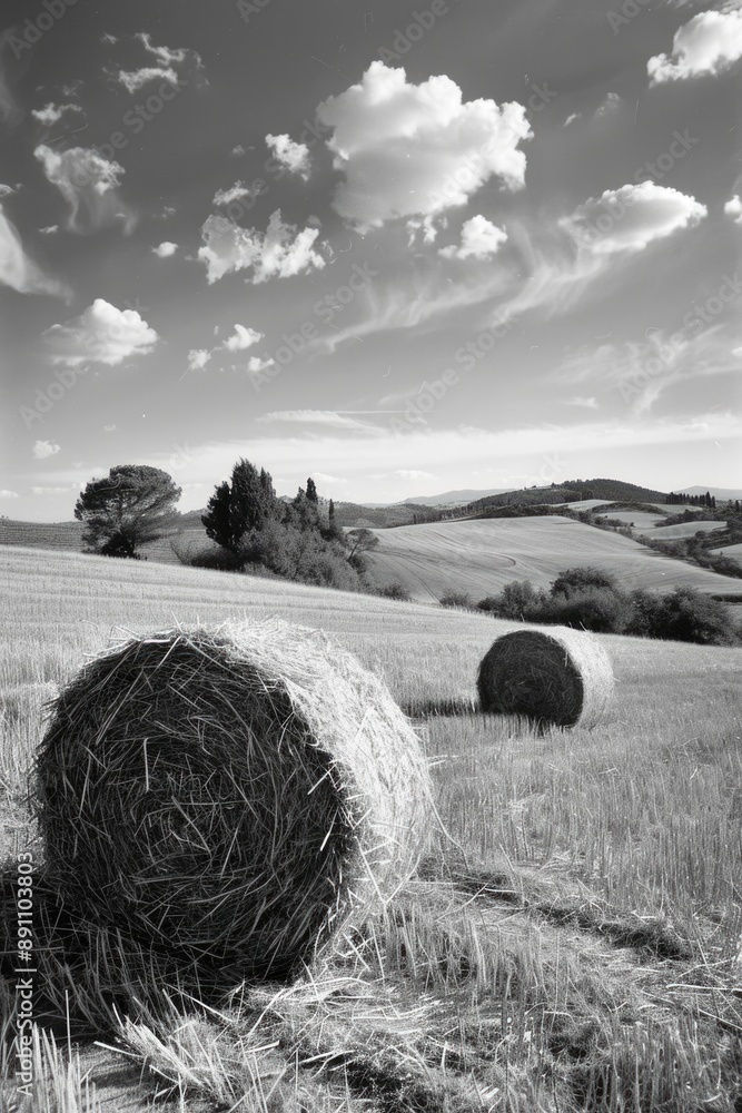 Wall mural hay bale in field with trees