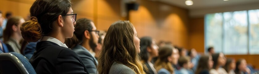 Fototapeta premium Attentive audience in a lecture hall during a conference, seminar, or educational event, with focused individuals listening to the speaker.