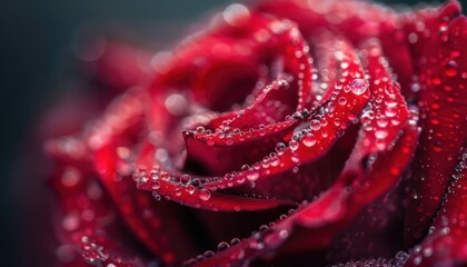 Close-up of a red rose with dew drops on the petals. - Powered by Adobe