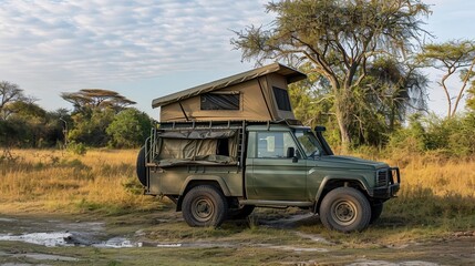 Obraz premium A safari vehicle parked at the camp, ready for an excursion