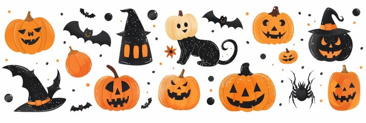 Vibrant Collection of Rhinestone Halloween Stickers Featuring Glittery Pumpkins, Bats, and Spiders on a Stark White Background