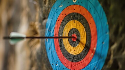 Close-up of an archery target hit dead center by an arrow, showcasing precision and focus in the sport of archery.