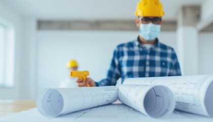 A construction worker examines blueprints while wearing a hard hat and safety mask in a bright, modern workspace.