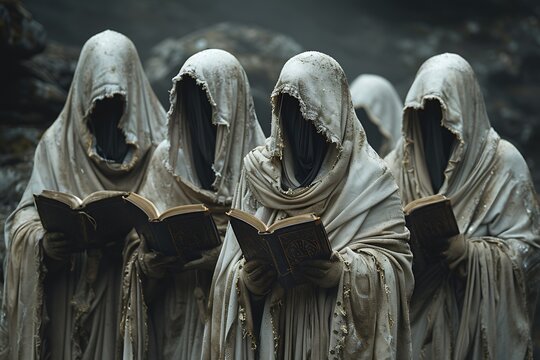 Group of figures dressed in ceremonial robes their faces obscured by hoods They chant from a hidden book filled with symbols from the Book of Thoth preserving the wisdom of a hidden tradition