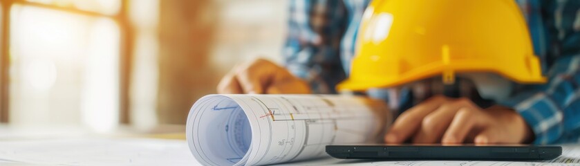 A close-up of a construction worker reviewing blueprints with a yellow hard hat on a workspace filled with planning documents.