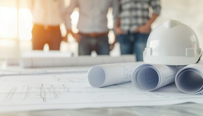 Construction project planning with hard hat and blueprints, symbolizing teamwork and collaboration in the building industry.