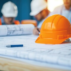 Construction site scene showing an orange hard hat on blueprints with workers collaborating in background.