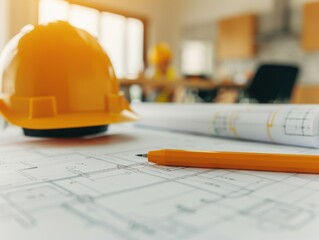 Close-up of a yellow hard hat on architectural blueprints with a pencil, symbolizing construction and design planning.