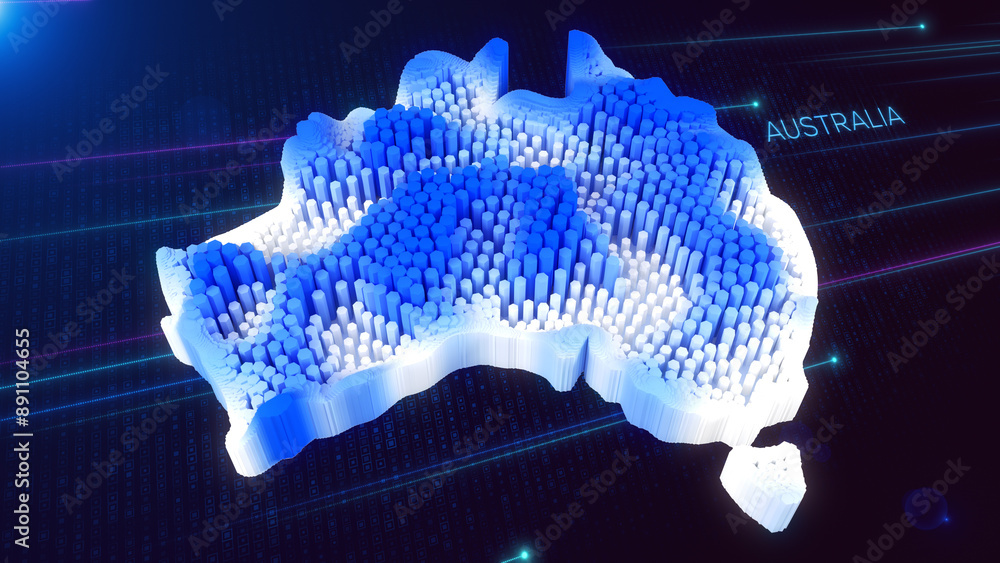 Poster 3d perspective view of blue and white dynamic hexagonal prism rippling australia map and text with h