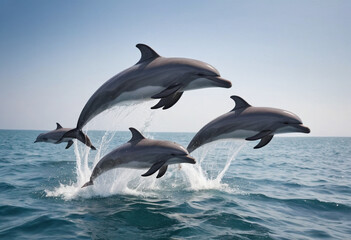 Fototapeta premium Playful group of dolphins leaping out of the ocean. 