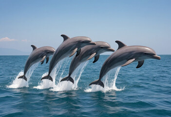 Fototapeta premium Playful group of dolphins leaping out of the ocean. 