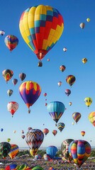 Obraz premium A vibrant display of colorful hot air balloons soaring against a clear blue sky, capturing the essence of adventure and celebration.