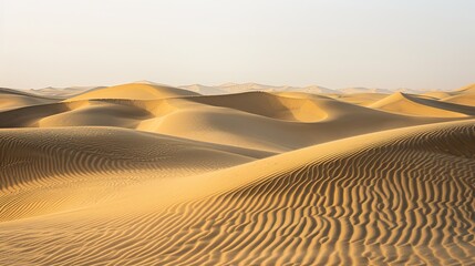 Expansive Desert Landscape with Wind-Shaped Sand Dunes, Creating Intricate Patterns and Textures on the Surface Under a Clear, Bright Sky