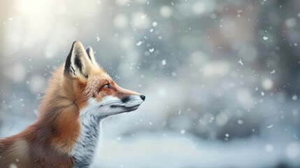 Fototapeta premium A red fox stands in a snowy forest, looking to the side.