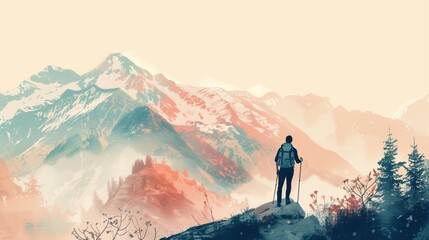 Serene Hiker in Abstract Pastel Mountains - Minimalist Digital Art with Vibrant Landscape and Delicate Brushstrokes