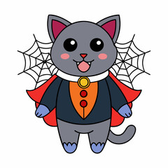 Vector illustration of a cute cat in a vampire costume with tiny fangs and festive elements like spiders and webs on a white background