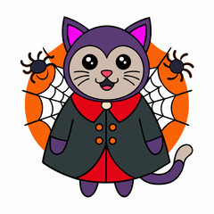 Vector illustration of a cute cat in a vampire costume with tiny fangs and festive elements like spiders and webs on a white background