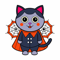 Vector illustration of a cute cat in a vampire costume with tiny fangs and festive elements like spiders and webs on a white background