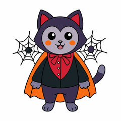 Vector illustration of a cute cat in a vampire costume with tiny fangs and festive elements like spiders and webs on a white background