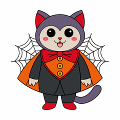 Vector illustration of a cute cat in a vampire costume with tiny fangs and festive elements like spiders and webs on a white background