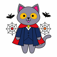 Vector illustration of a cute cat in a vampire costume with tiny fangs and festive elements like spiders and webs on a white background