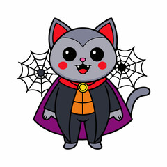 Vector illustration of a cute cat in a vampire costume with tiny fangs and festive elements like spiders and webs on a white background