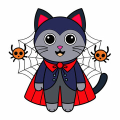 Vector illustration of a cute cat in a vampire costume with tiny fangs and festive elements like spiders and webs on a white background