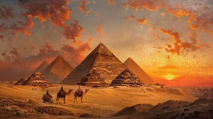 The Pyramids of Giza with a camel caravan in the foreground